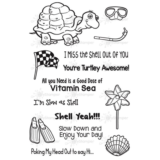 InkyStamper stamp Set of black and white turtle-themed illustrations with text on a white background