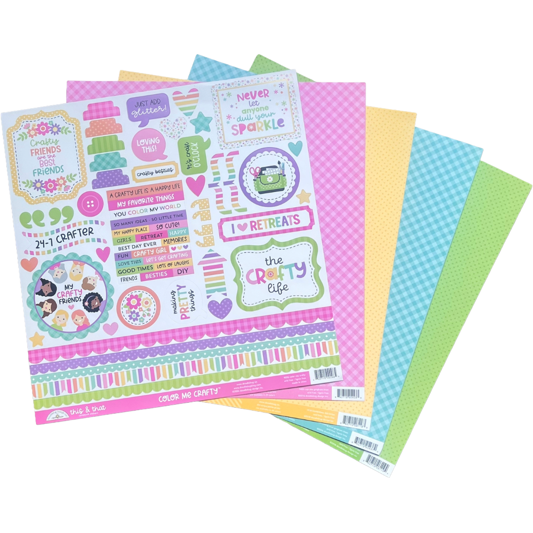 Set of colorful craft papers with decorative designs including one sticker sheet 12" x 12" doodlebug