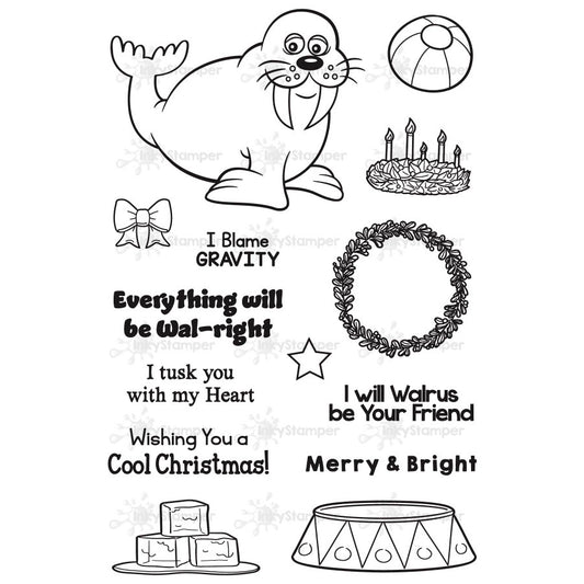 InkyStamper stamp Set of black and white illustrations with text and a walrus character on a white background