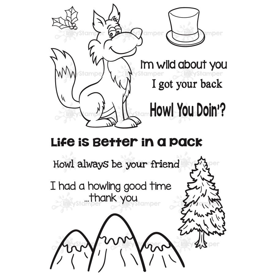 InkyStamper stamp Cartoon wolf with text and nature elements on a white background