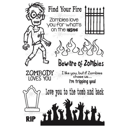 InkyStamper Stamp Set of Halloween-themed stamps with zombies, flames, and graveyard designs on a white background.