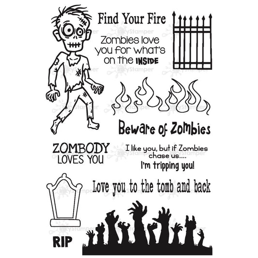 InkyStamper Stamp Set of Halloween-themed stamps with zombies, flames, and graveyard designs on a white background.