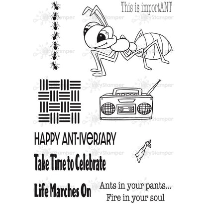 InkyStamper Stamp Black and white illustration of an ant with text on a white background