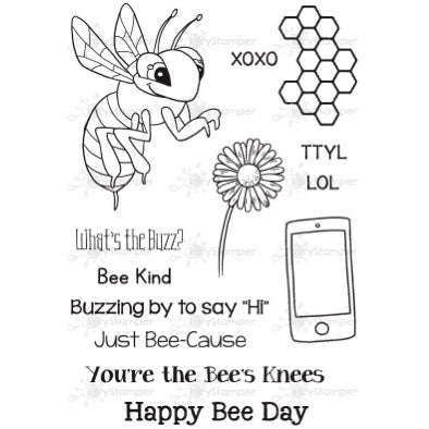 InkyStamper stamp Illustration of a bee, flower, and smartphone with text on a white background