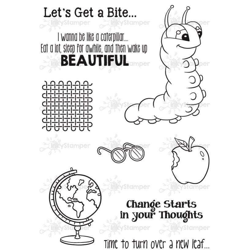 Inkystamper Stamp Black and white illustration of a caterpillar, apple, globe, and maze with text on a white background.