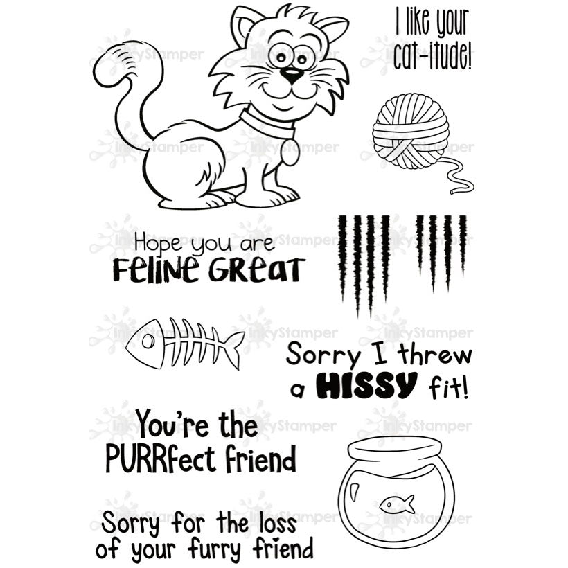 Set of black and white illustrations with text and a cat theme on a white background.