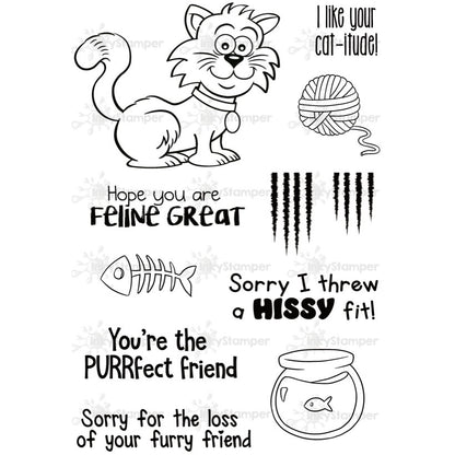 Set of black and white illustrations with text and a cat theme on a white background.