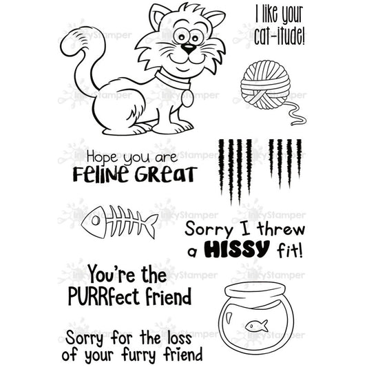Set of black and white illustrations with text and a cat theme on a white background.