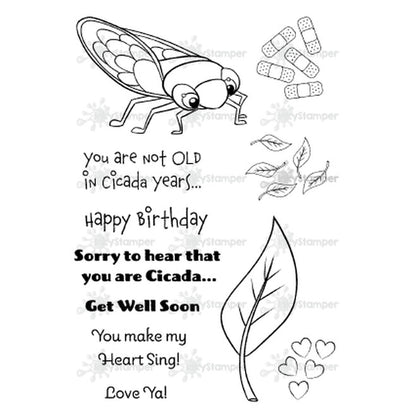 InkyStamper Stamps Black and white illustration of a cicada with birthday and get well wishes text on a white background.