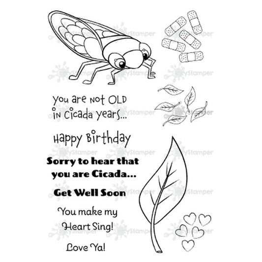 InkyStamper Stamps Black and white illustration of a cicada with birthday and get well wishes text on a white background.
