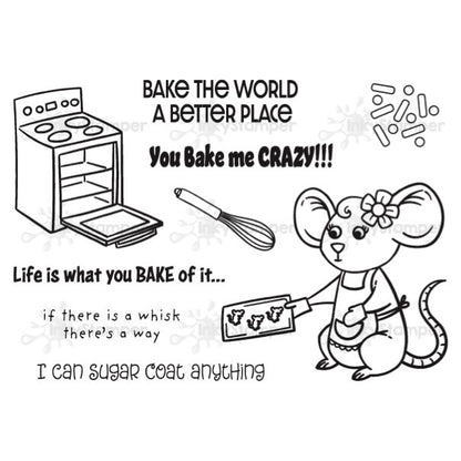 Cartoon mouse with baking tools and text on a white background InkyStamper stamp
