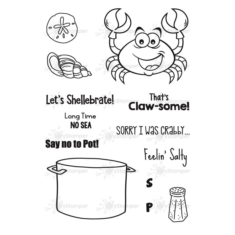InkyStamper stamp Set of black and white illustrations with text and a crab character on a white background