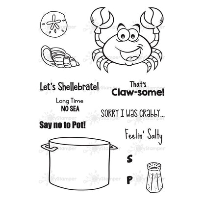 InkyStamper stamp Set of black and white illustrations with text and a crab character on a white background