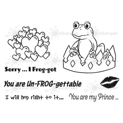 InkyStamper stamp Freddy Frog and crown design with romantic text on a white background