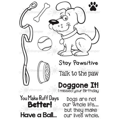 InkyStamper stamp Black and white illustration of a dog with various dog-related items and humorous text on a white background.