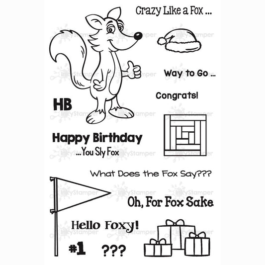 InkyStamper stamp Set of clear stamps with fox illustrations and text on a white background