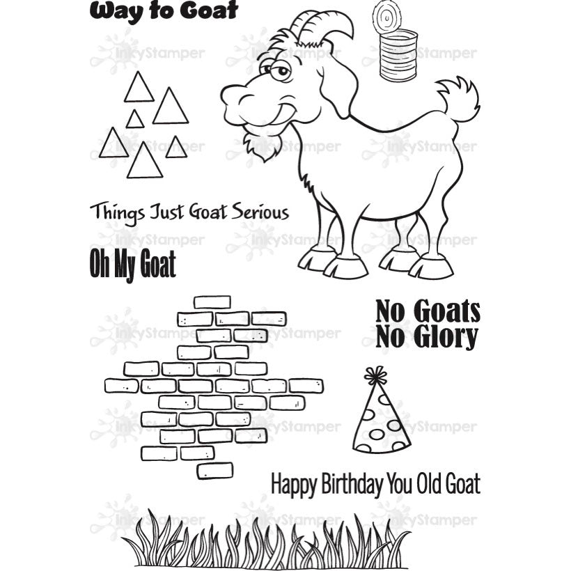 InkyStamper stamp Set of black and white goat themed stamps with humorous sayings on a white background 