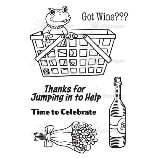 InkyStamper Stamp Cartoon frog in a basket with text 'Got Wine???' and 'Thanks for Jumping in to Help Time to Celebrate'. Freddy