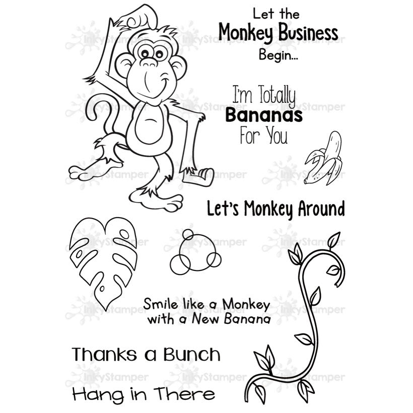 InkyStamper stamp Set of black and white monkey themed stamps with phrases and graphics on a white background
