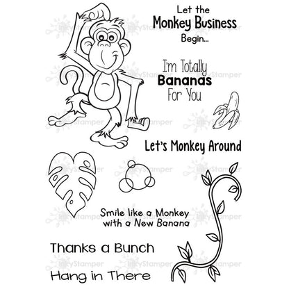 InkyStamper stamp Set of black and white monkey themed stamps with phrases and graphics on a white background