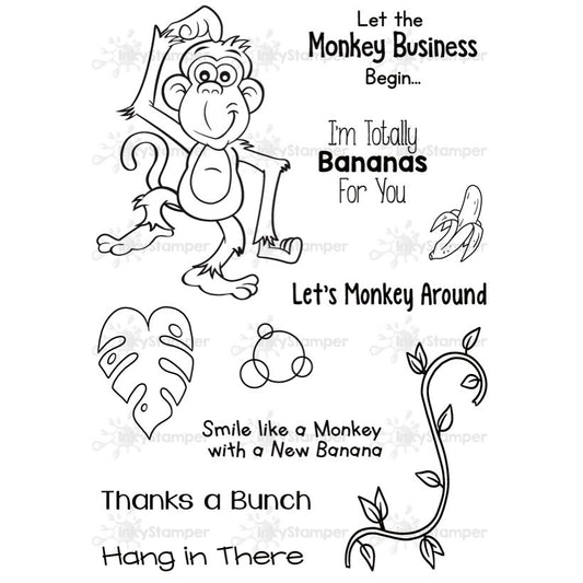 InkyStamper stamp Set of black and white monkey themed stamps with phrases and graphics on a white background