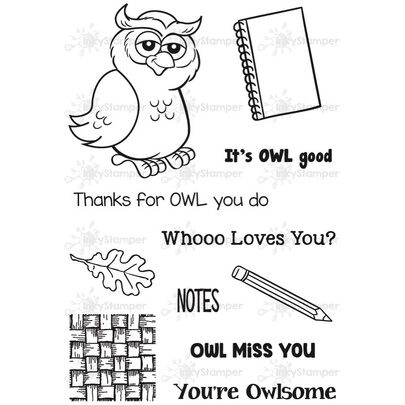 InkyStamper Stamps Set of black and white owl themed stamps with various phrases and a notebook.