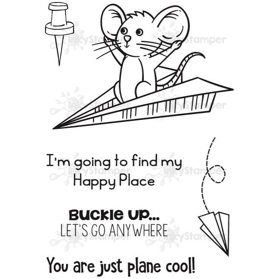 InkyStamper stamp Cartoon mouse on a paper airplane with humorous text