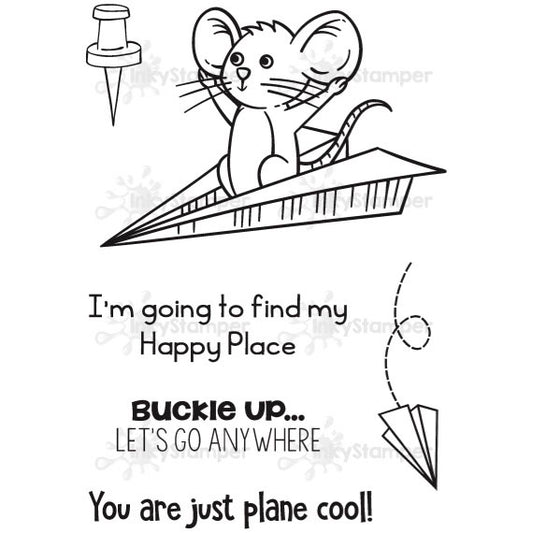 InkyStamper stamp Cartoon mouse on a paper airplane with humorous text