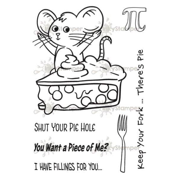 InkyStamper stamp Cartoon mouse with pie and humorous text on a white background