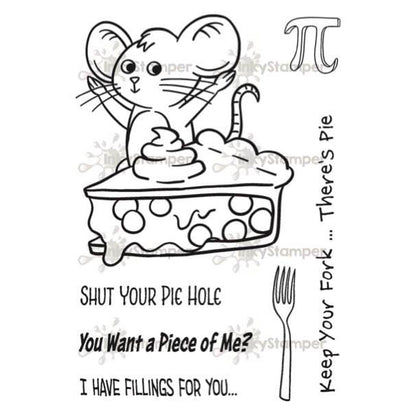 InkyStamper stamp Cartoon mouse with pie and humorous text on a white background
