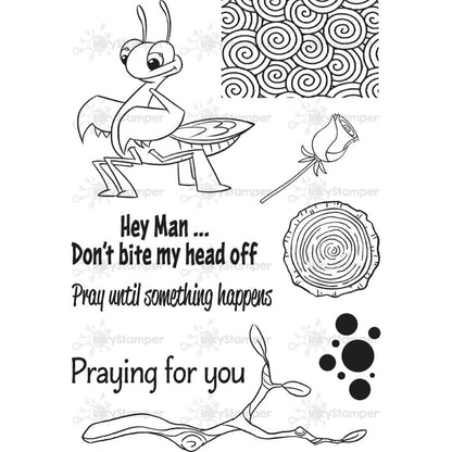 InkyStamper Stamp Clear stamp set with ant, rose, tree stump, and text on a white background