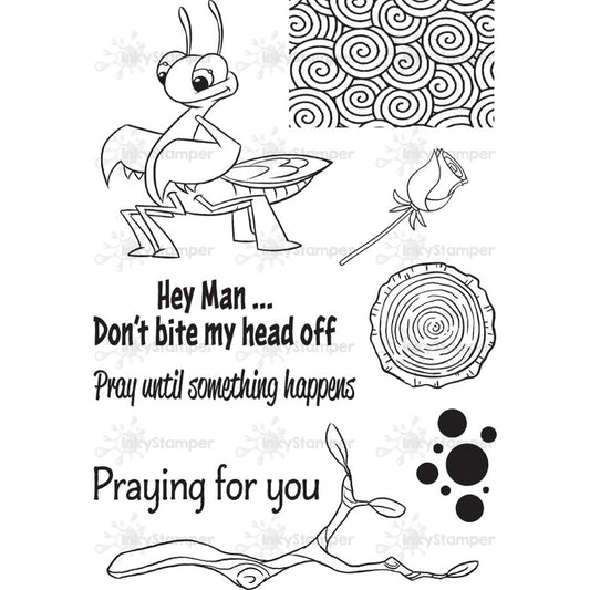 InkyStamper Stamp Clear stamp set with ant, rose, tree stump, and text on a white background