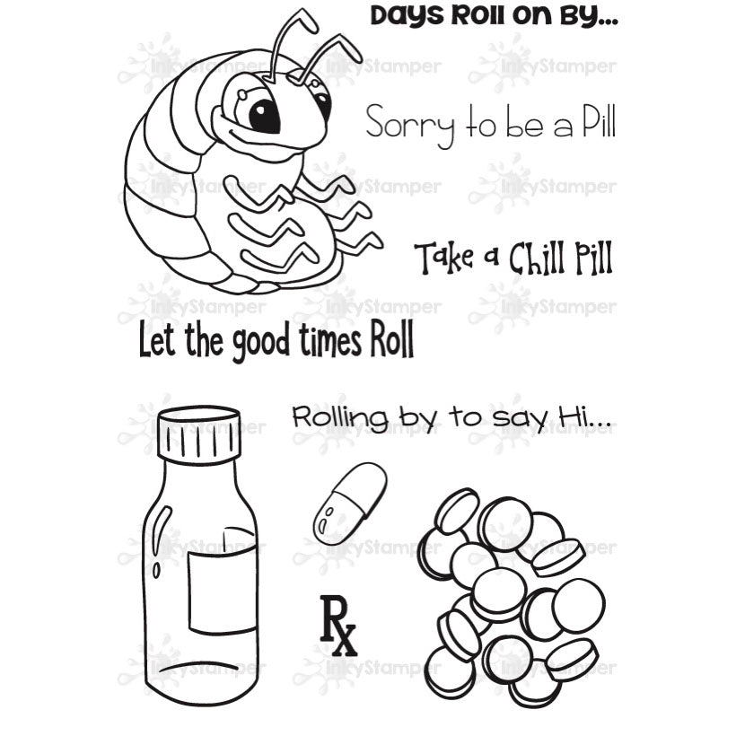 InkyStamper stamp Black and white illustration set with a caterpillar, pill bottle, pills, and text on a white background.
