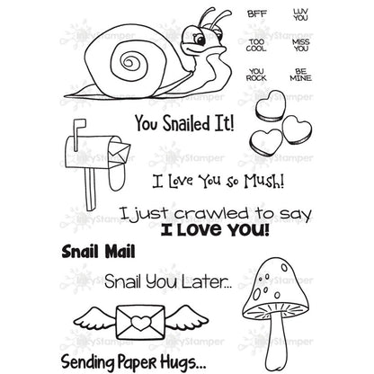 InkyStamper stamp Set of black line art illustrations with text and a snail, mailbox, hearts, and mushroom on a white background