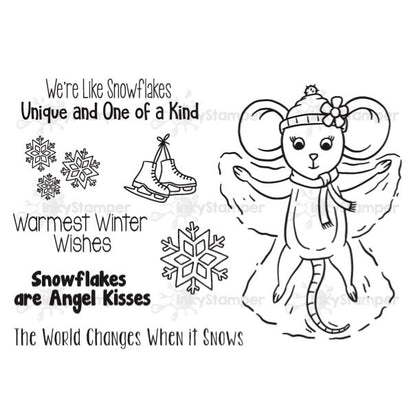 InkyStamper Stamp with Rosie snow angel Black and white illustration of an angel with text on a white background