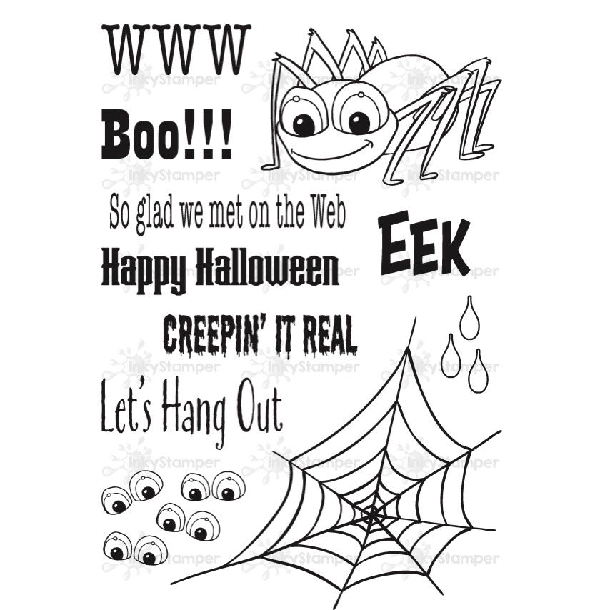 Halloween-themed rubber stamps with spider, text, and spiderweb design on a white background.